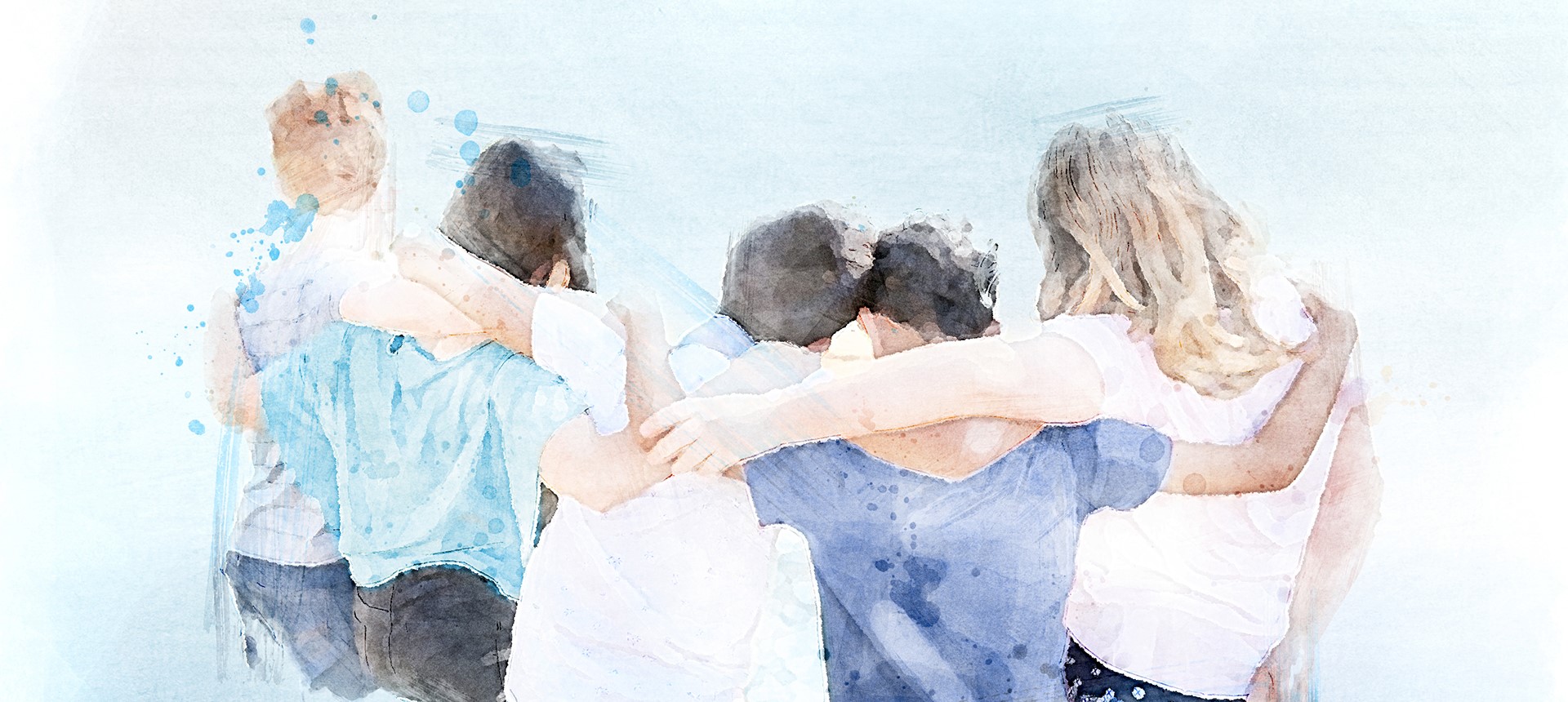 Aquarellillustration in hellen Blau- und Weißtönen: Fünf Menschen stehen mit den Armen umeinander und sind von hinten zu sehen.